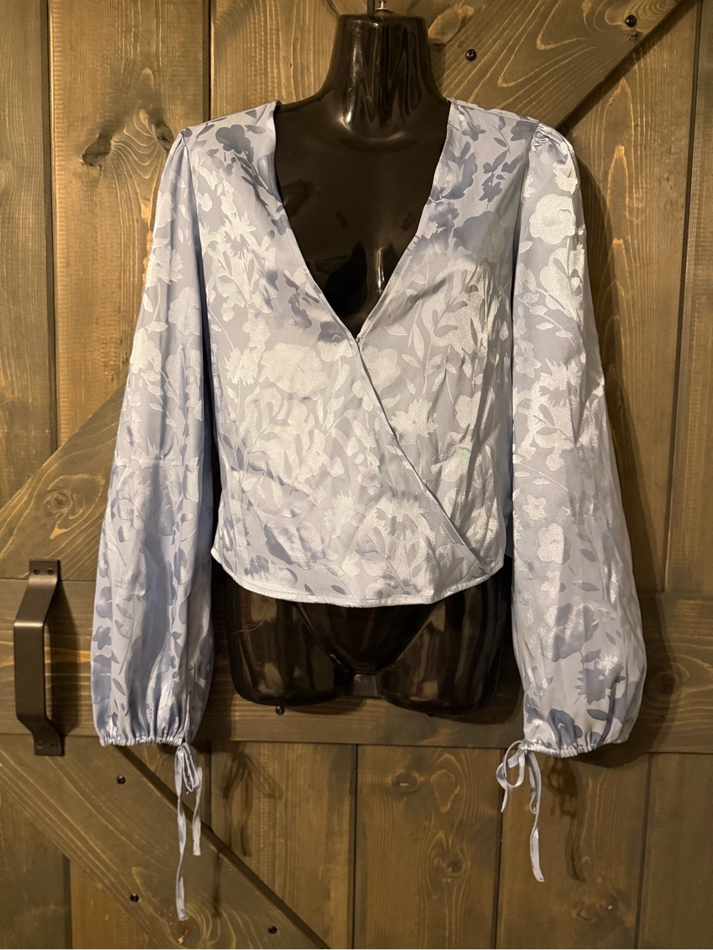 Urban Outfitters Light Blue Floral Jacquard Wrap Blouse